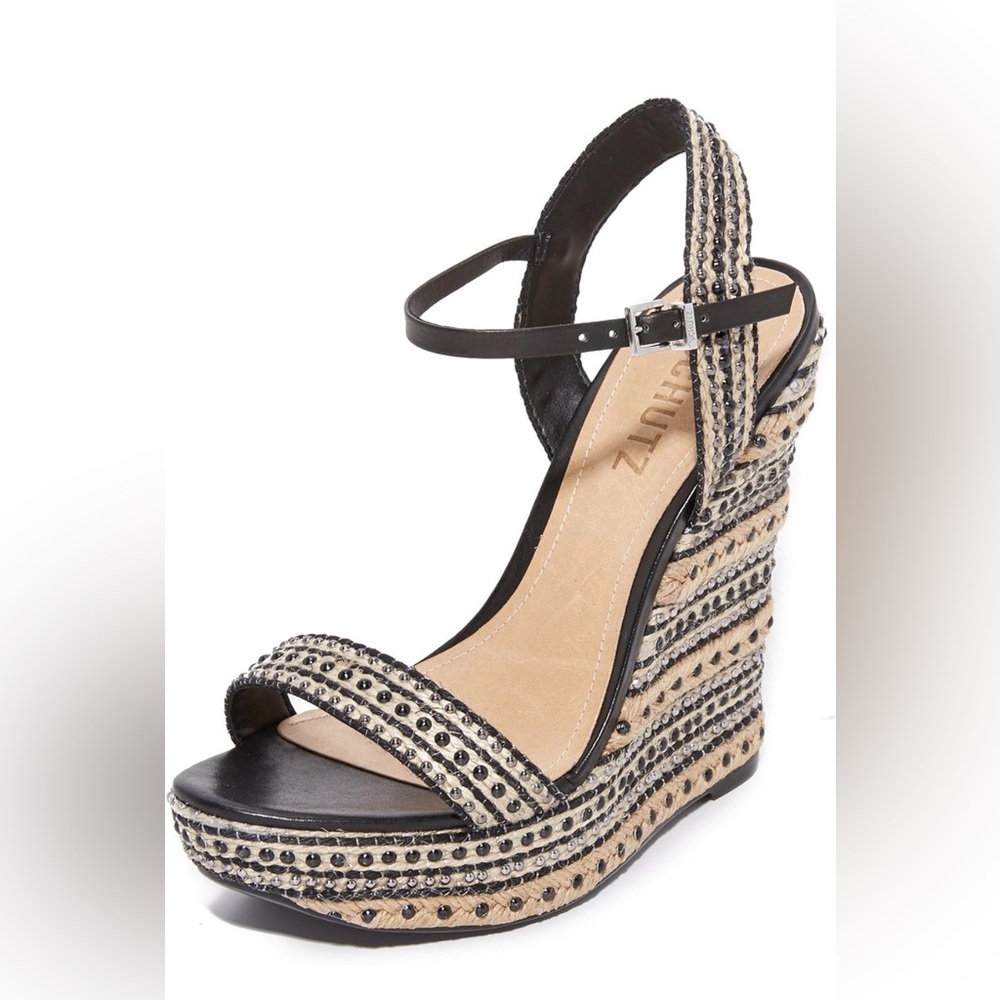 Schutz Black and Natural Espadrille Wedge Sandals with Stud Accents